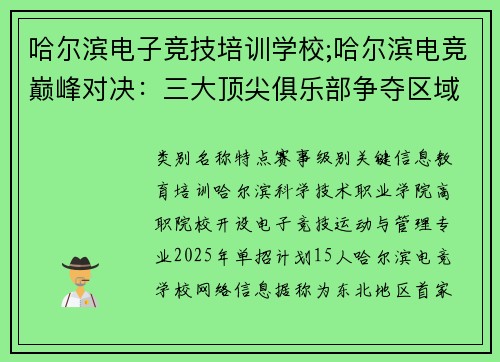哈尔滨电子竞技培训学校;哈尔滨电竞巅峰对决：三大顶尖俱乐部争夺区域霸主